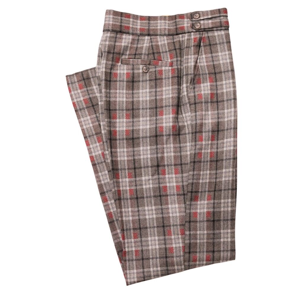 Mens 32 Gurkha Pants Brown Plaid Wool High Waist Flat Front Straight Trousers